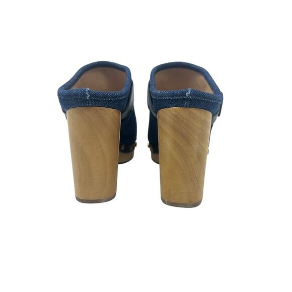 Veronica‎ Beard Dacey Denim Clogs Heels Studded Buckle Wood Blue Size 6 - Picture 10 of 13